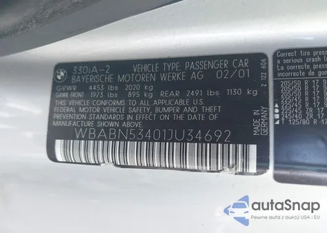 2001 BMW 330 Ci из США, поврежденный, VIN WBABN53401JU34692